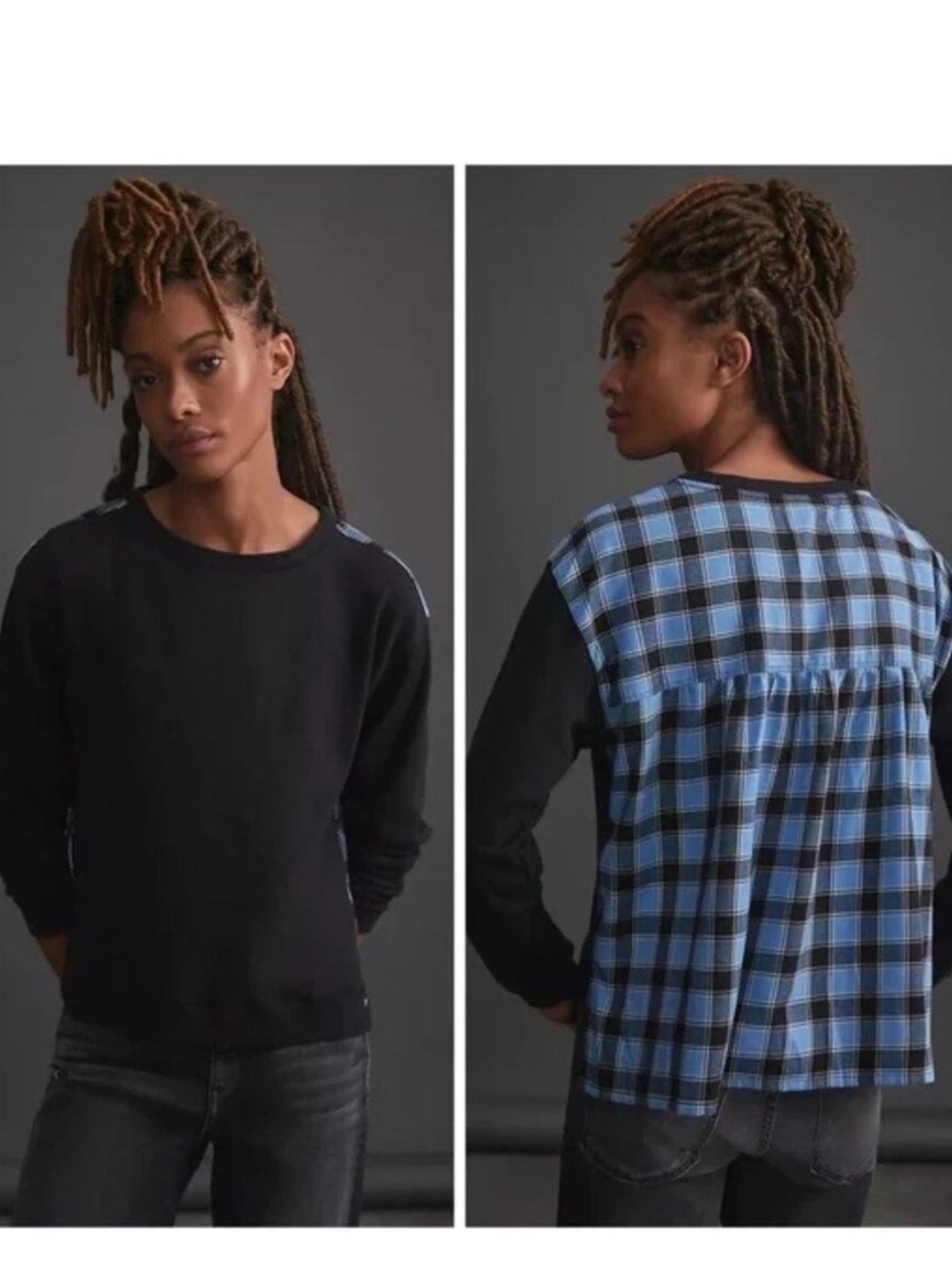 Anthropologie Pilcro Contrast Flannel Pullover Sweatshirt Black Blue Plaid Sz S
